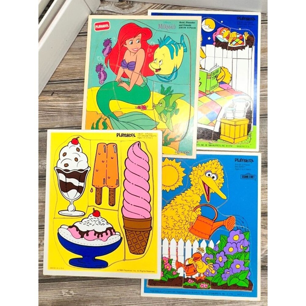 Playskool Wooden Puzzle Lot 4 Pc Ice Cream LIttle Mermaid Sesame Street